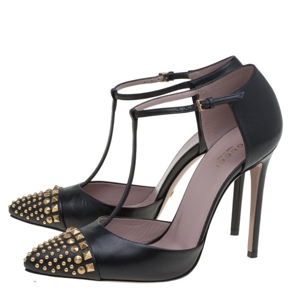Gucci Black Studded Leather Coline T-Strap Pumps Size 39.5